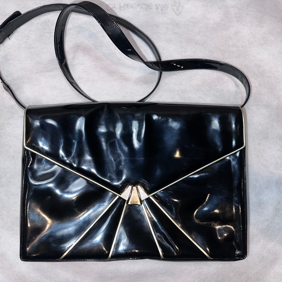 Bally Black Patent Leather Envelope 2-Way Shoulder & Clutch • Art Deco •Vintage - Picture 10 of 14